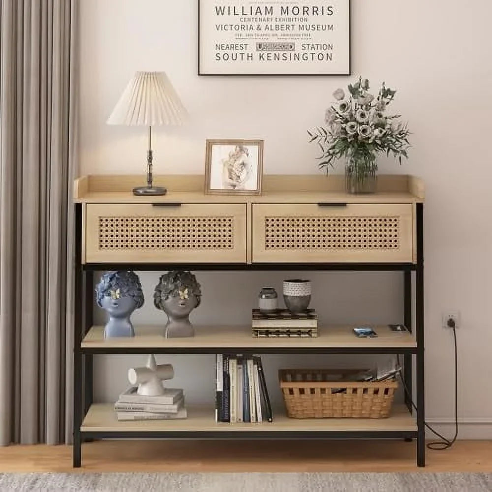 AYFDEGT Entryway Table With 2 Drawers, Outlets, USB Ports, Shelves & LED Lights - Black