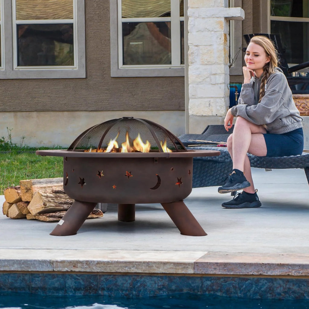 SUNCREAT 42-Inch Wood Burning Patio Fire Pit, Black, 42.1 Inch Diameter x 25.2 Inch High