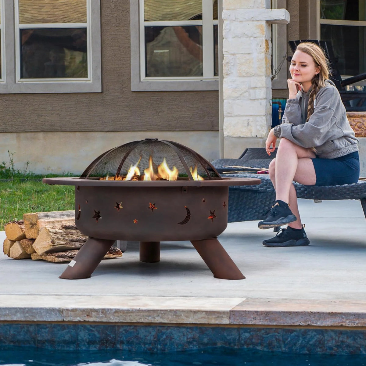 SUNCREAT 42-Inch Wood Burning Patio Fire Pit, Black, 42.1 Inch Diameter x 25.2 Inch High