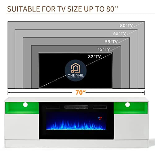 Oneinmil Fireplace TV Stand, 70in L x 13.8in W x 23in H, White - 36in Electric Fireplace