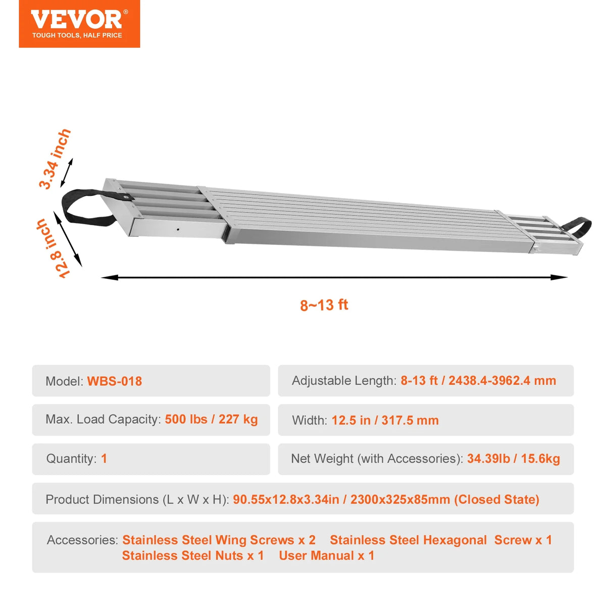 VEVOR Telescoping Aluminum Work Plank, 8-13 ft, 500 lbs, 12.5 in Width - WBS-018