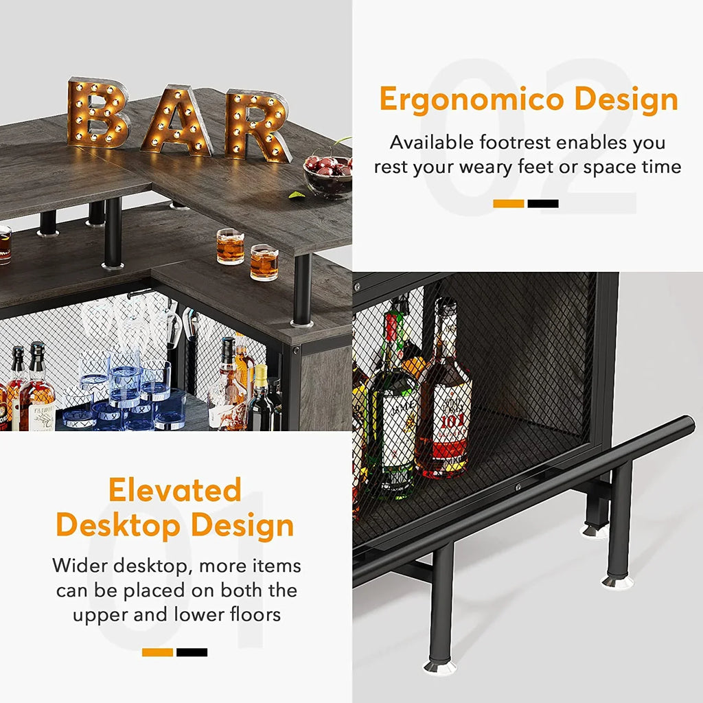 FJU L-Shaped Home Bar Unit With Stemware Racks, 2-Tier Shelves And Footrest - Gray
