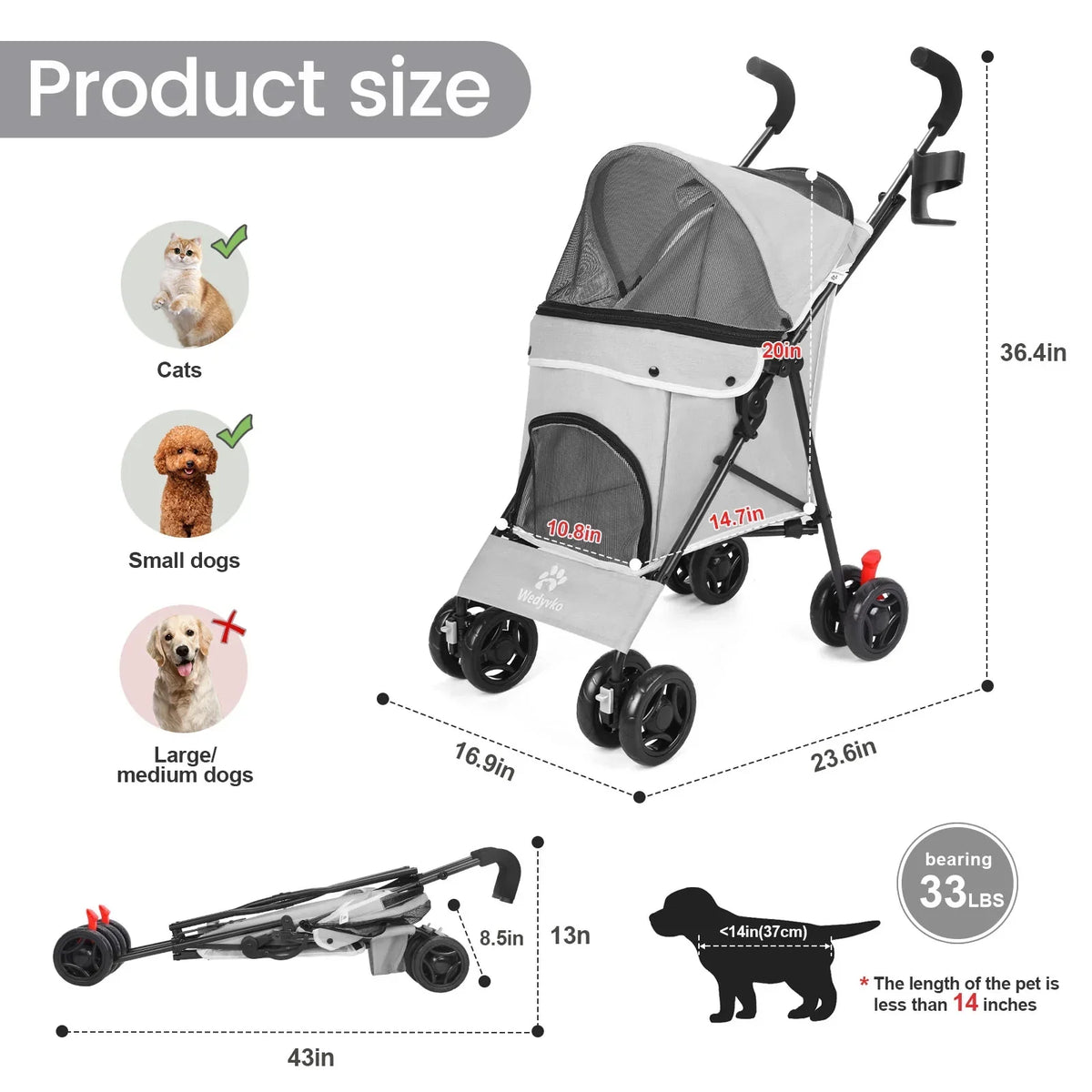 4-Wheel Foldable Cat And Dog Stroller With Storage Basket And 360 Degree Front Wheels - Gray