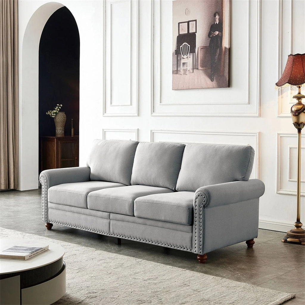 3 Seater Linen Fabric Tufted Accent Sofa, 82.6 in, Grey - Curved High Back