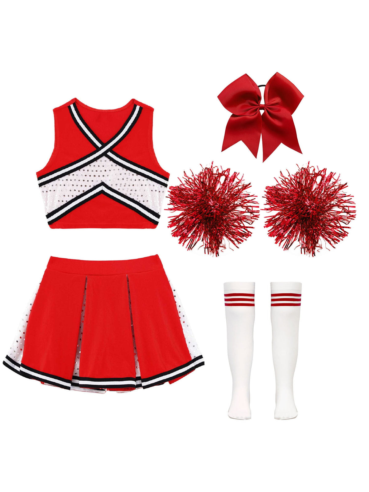 renvena irls Cheer Dance Costume Halloween Sleeveless Crop Top Pleated Skirt Cheerleading Uniform Dress A Red 8