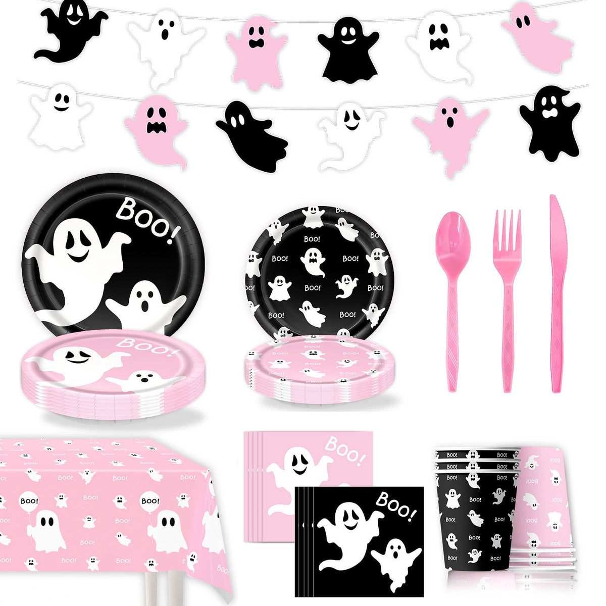 50/73/93Pcs Halloween Boo Party Tableware Supplies Decorations, Spooky Ghost Plates Napkins Boo Ghost Tableware Tablecloth Banner for Halloween Birthday Party Boo Baby Shower Party Supplies