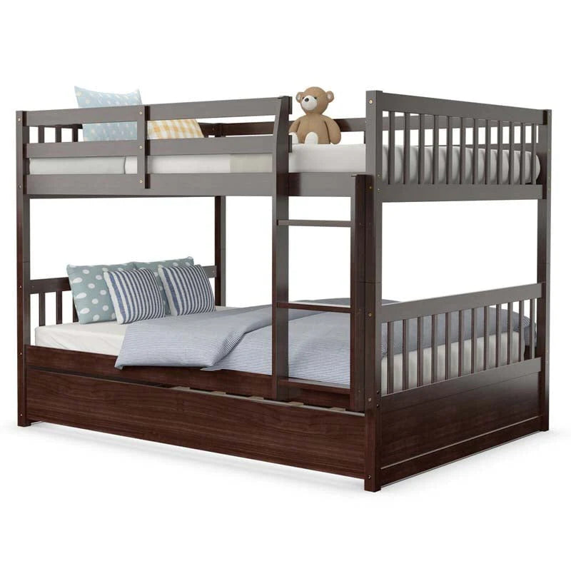 Full Over Full Convertible Bunk Bed Frame With Trundle, Ladder And Guardrails