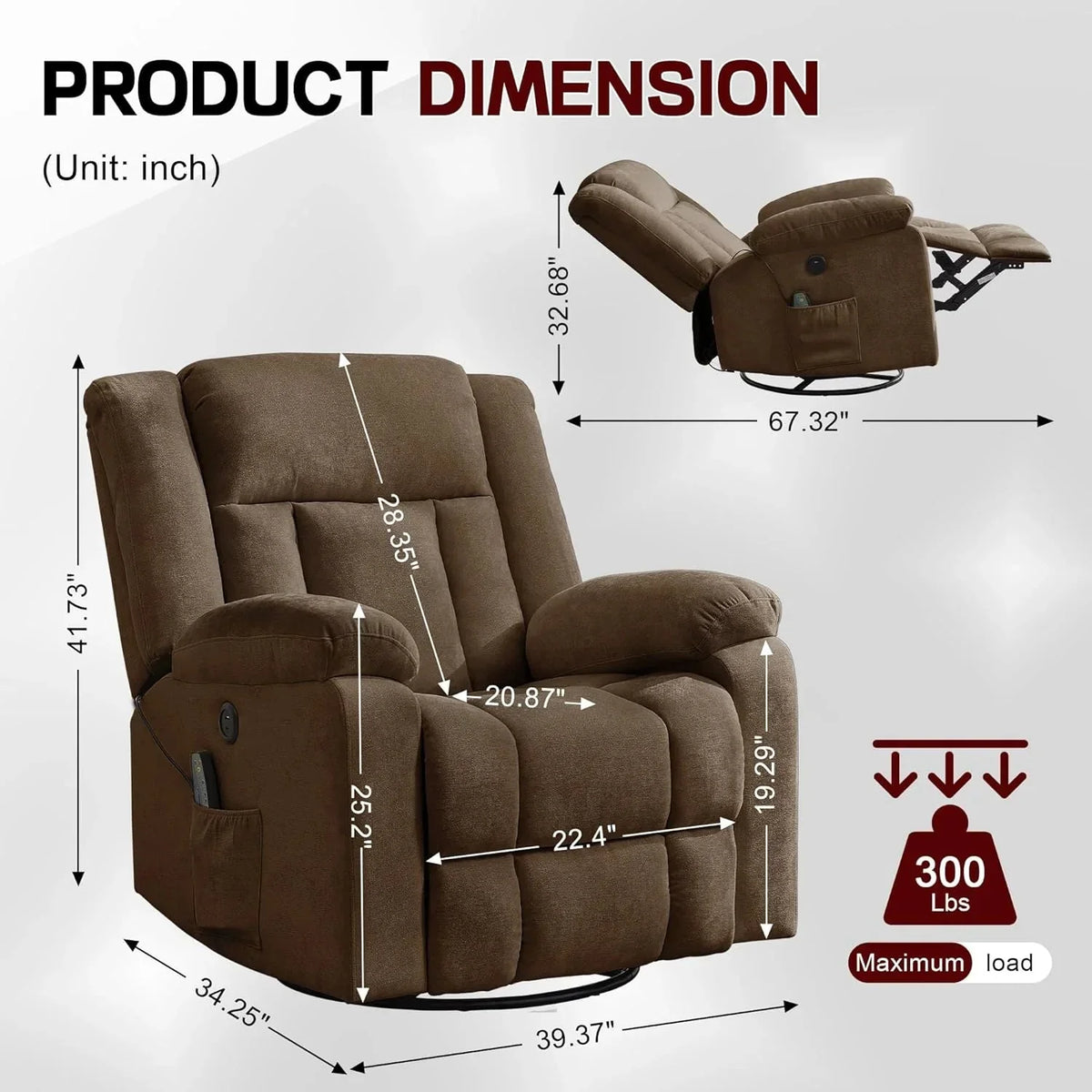 Korser Swivel Rocker Recliner Chair With Massage, Heating, USB Charging And Storage