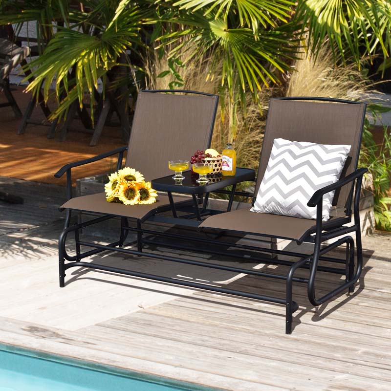 2-Person Outdoor Bench Glider Chair With Center Table, Mesh Fabric, 57 x 28 x 38 in