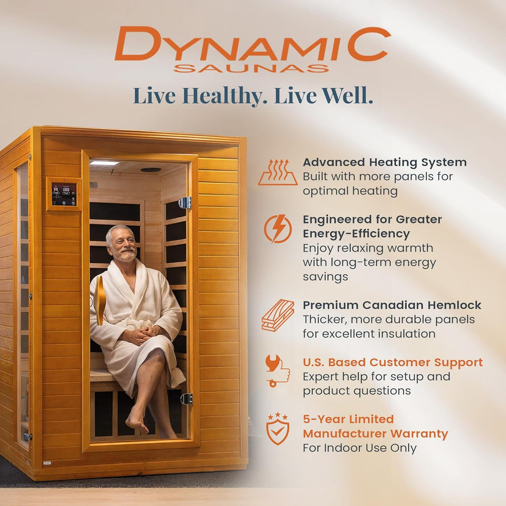 DYNAMIC SAUNAS 2-Person Low EMF Far Infrared Sauna With Red Light Therapy And Bluetooth Speakers, Canadian Hemlock - Andora