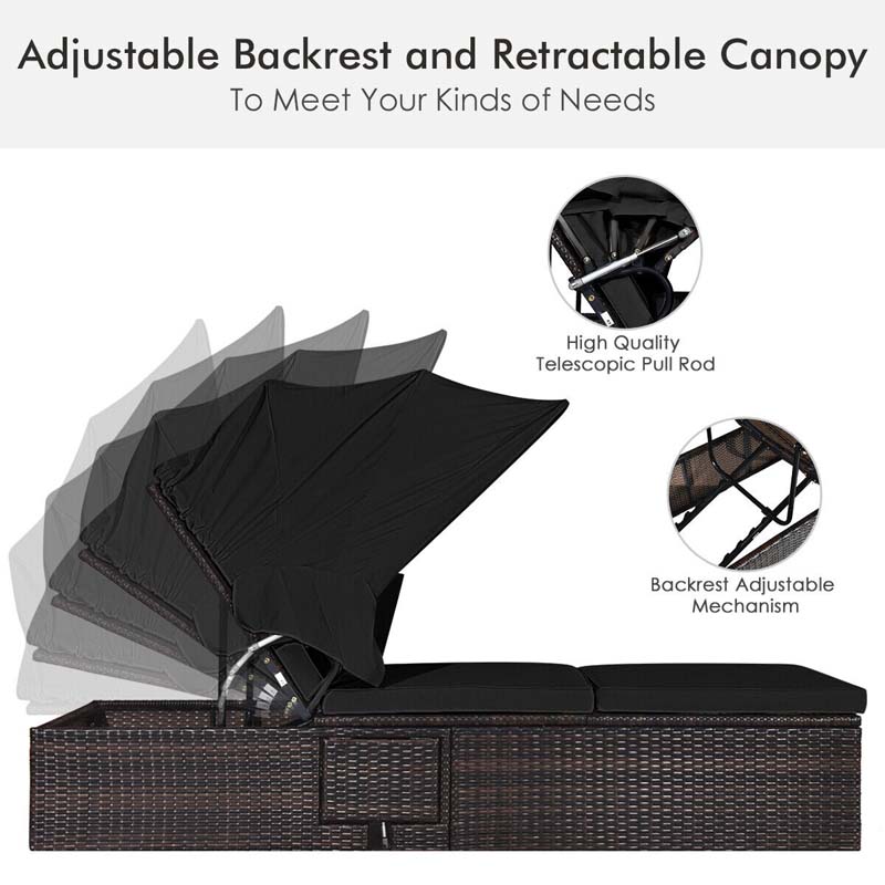 Cushioned Rattan Outdoor Chaise Lounge Chair With Folding Canopy, Flip-Up Tea Table And 5 Positions