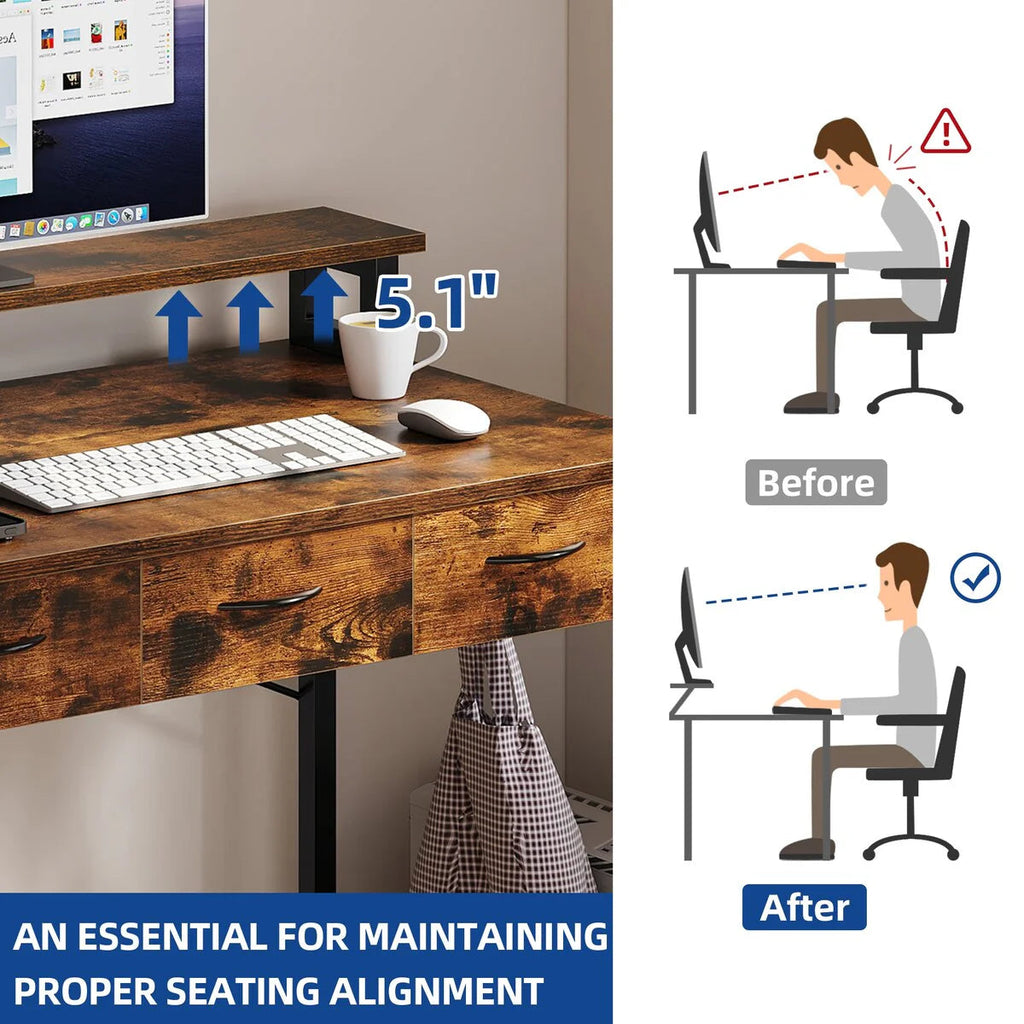 Computer Desk With 3 Fabric Drawers And Monitor Stand