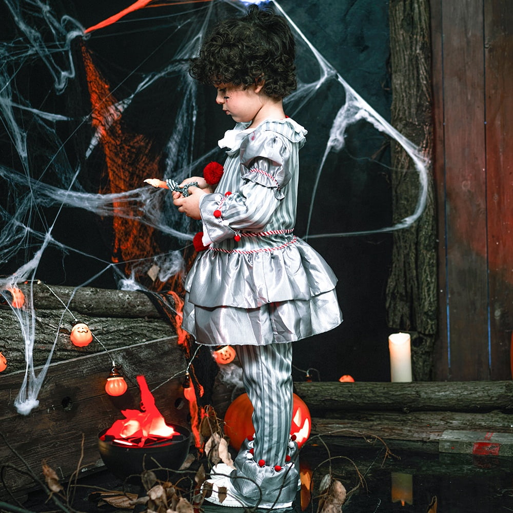 Kids Clown Costume Halloween, Classic Movies Character Fancy Dress Suit for Boys Girls Carnival Party 3-10 Years