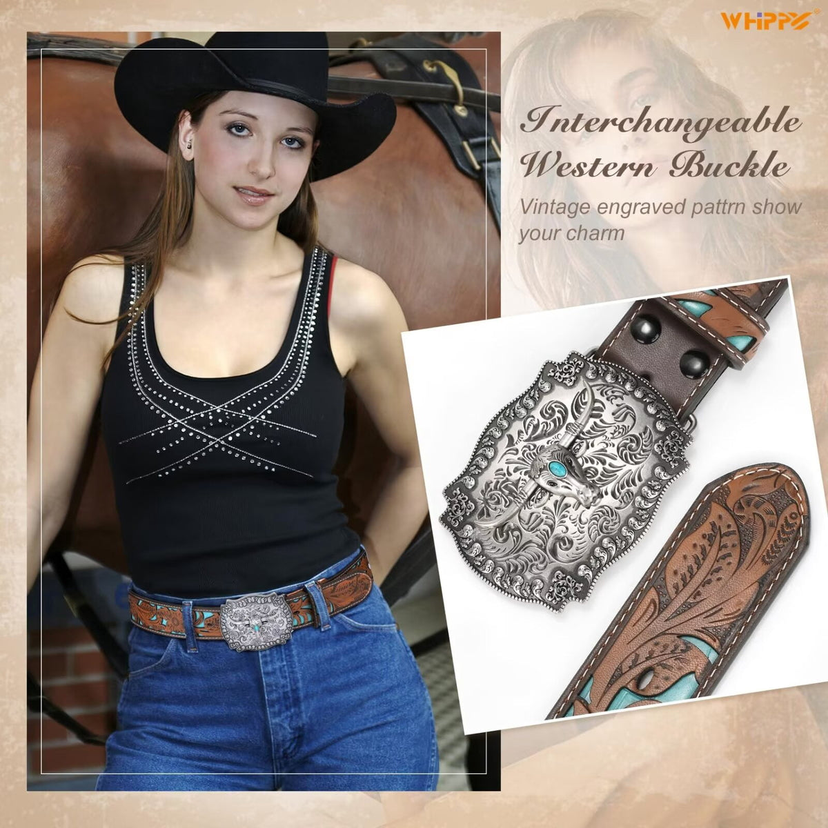 WHIPPY Western Genuine Leather Belt for Women Men Ladies Vintage Engraved Belt Cowboy Cowgirl Belt