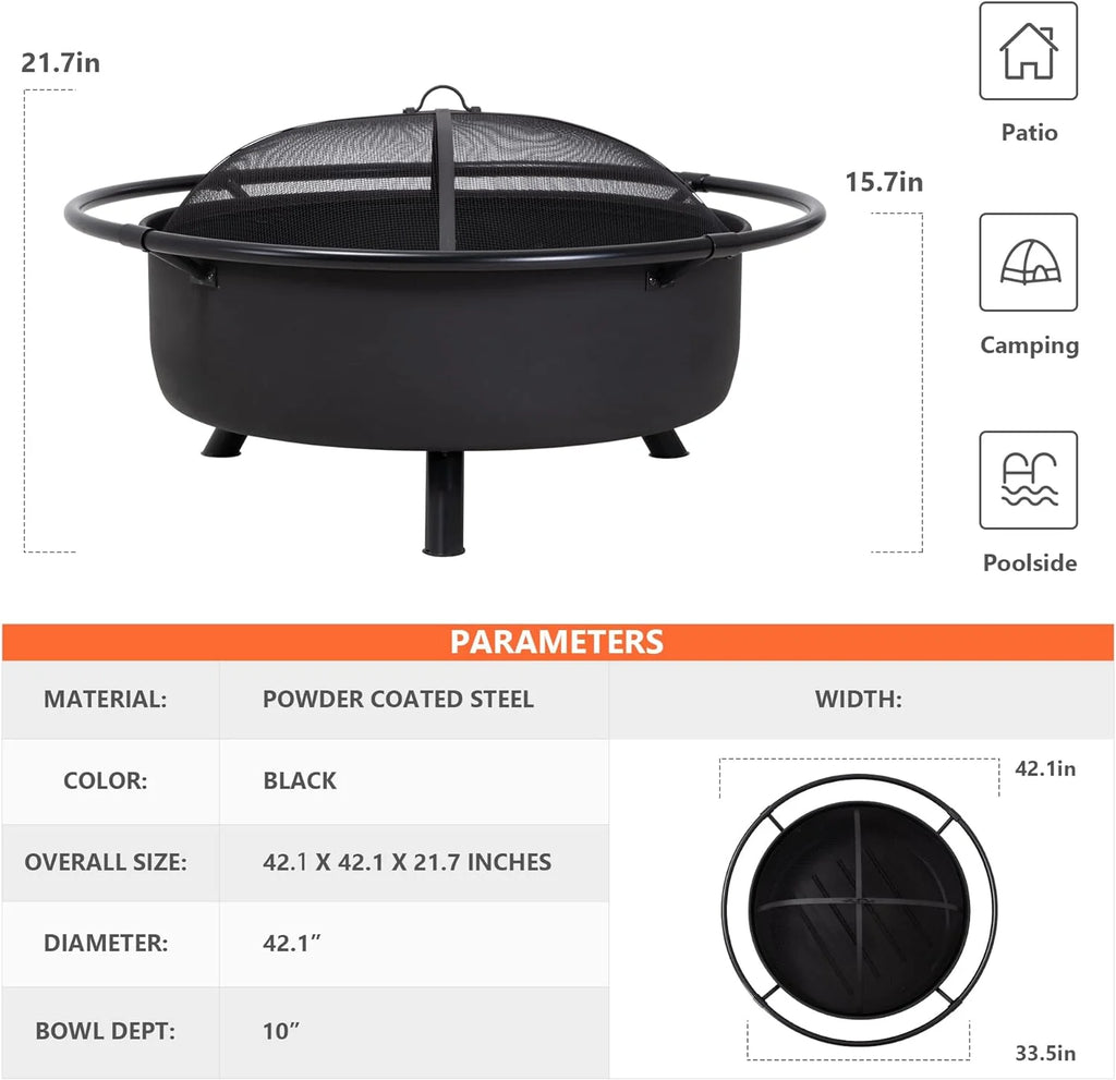SUNCREAT 42-Inch Wood Burning Patio Fire Pit, Black, 42.1 Inch Diameter x 25.2 Inch High