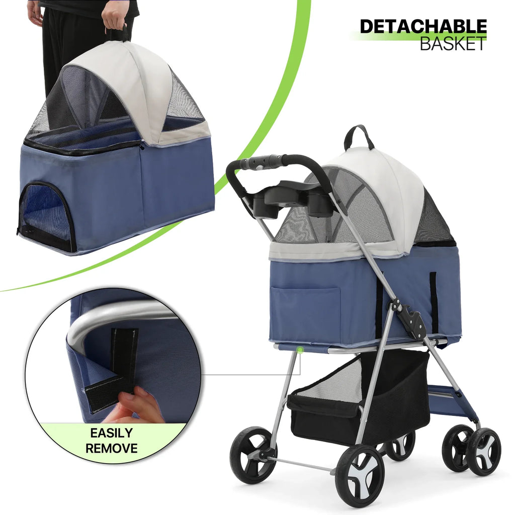 Magshion Foldable Pet Stroller, 4 Wheel, Navy Blue, 33 lbs Capacity