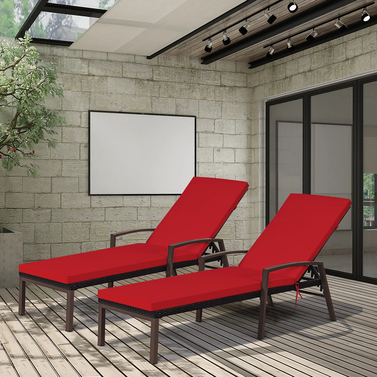 Costway 2 PCS Patio Rattan Chaise Lounge Chairs With Adjustable Backrest And Cushions - Red