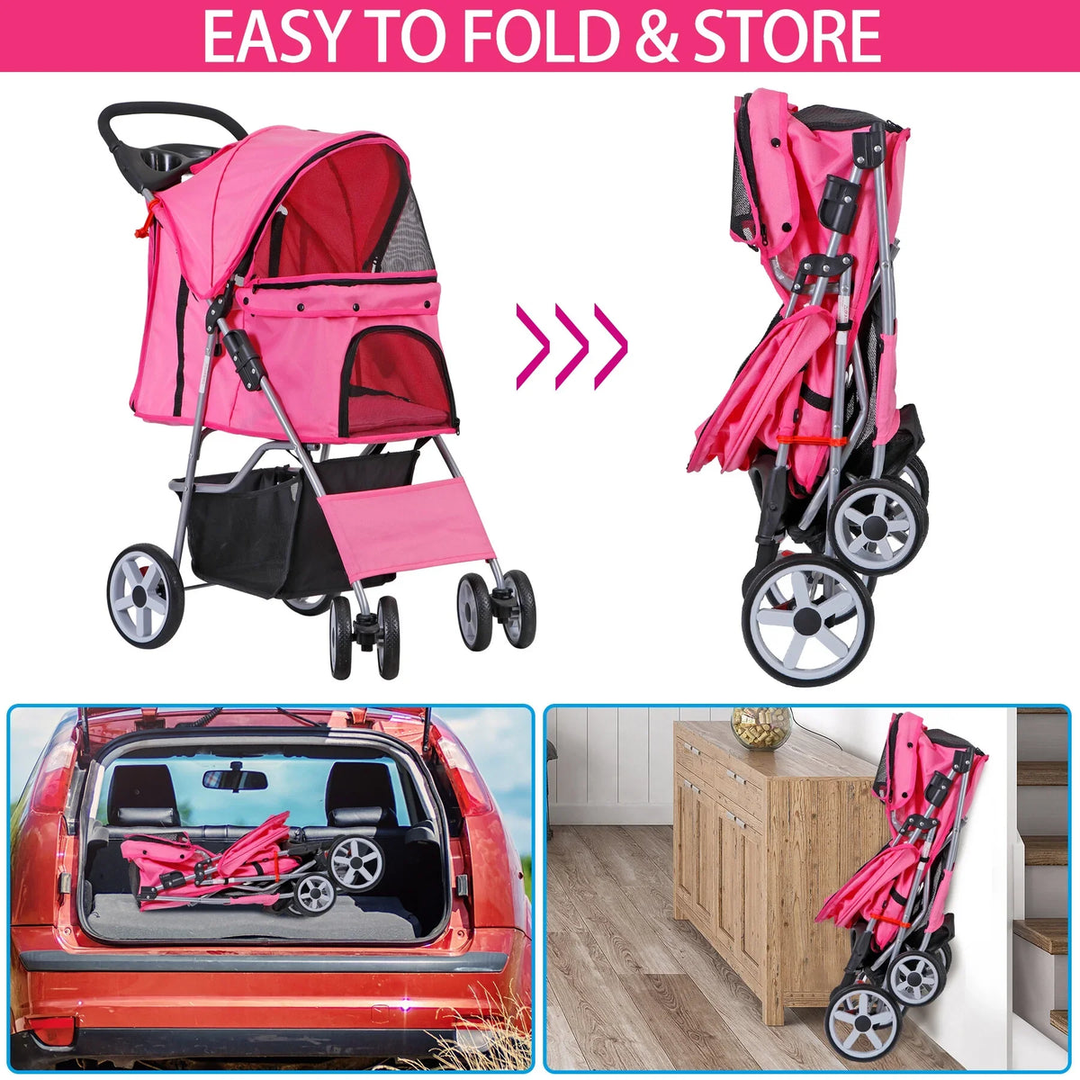ZENY 4 Wheel Foldable Pet Stroller, Pink - 30 lbs