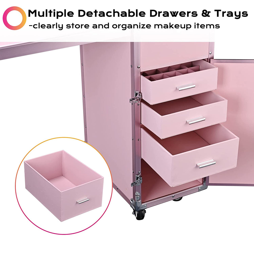 BYOOTIQUE Mobile Nail Station Rolling Makeup Train Case With Mirror, 4 Drawers - Pink