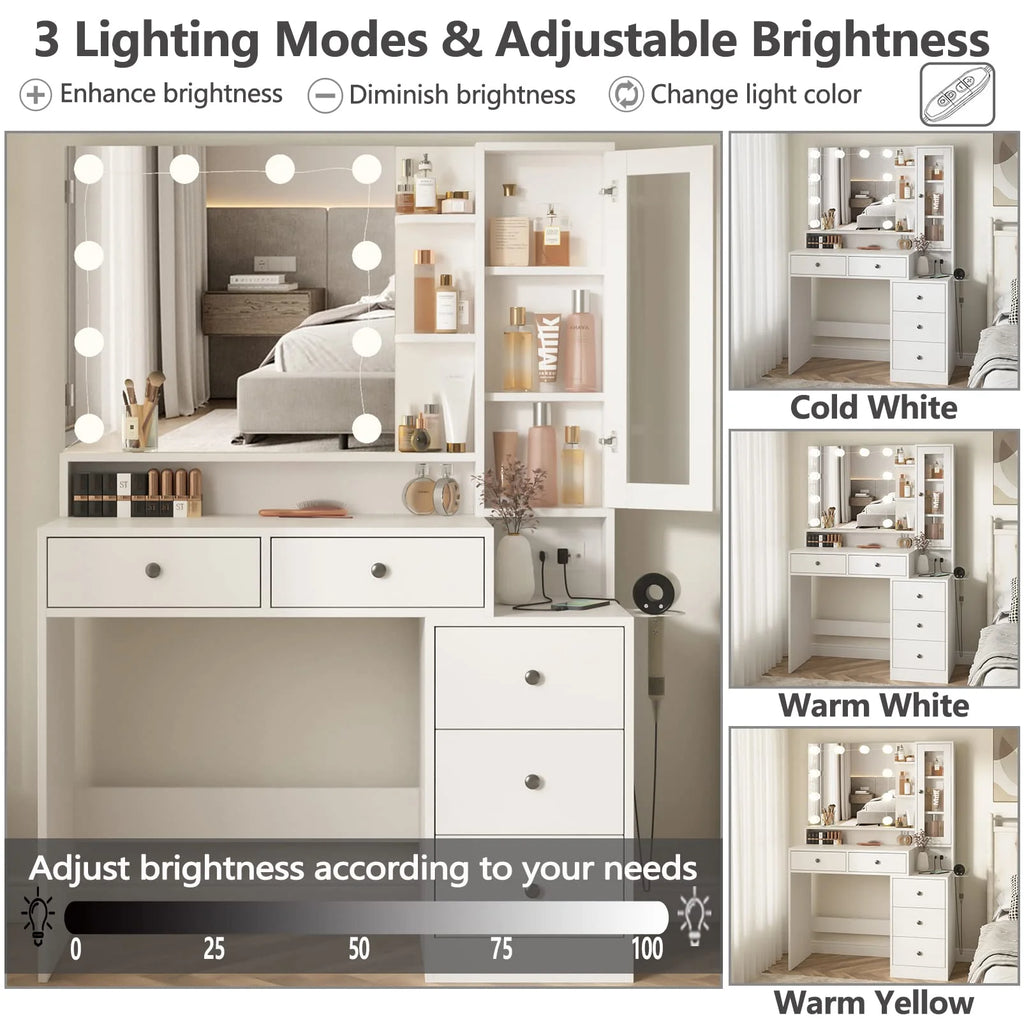 VEANERWOOD Makeup Vanity Desk With Lighted Mirror, Power Strip, 5 Drawers, White - 39.4in x 15.7in x 56.7in
