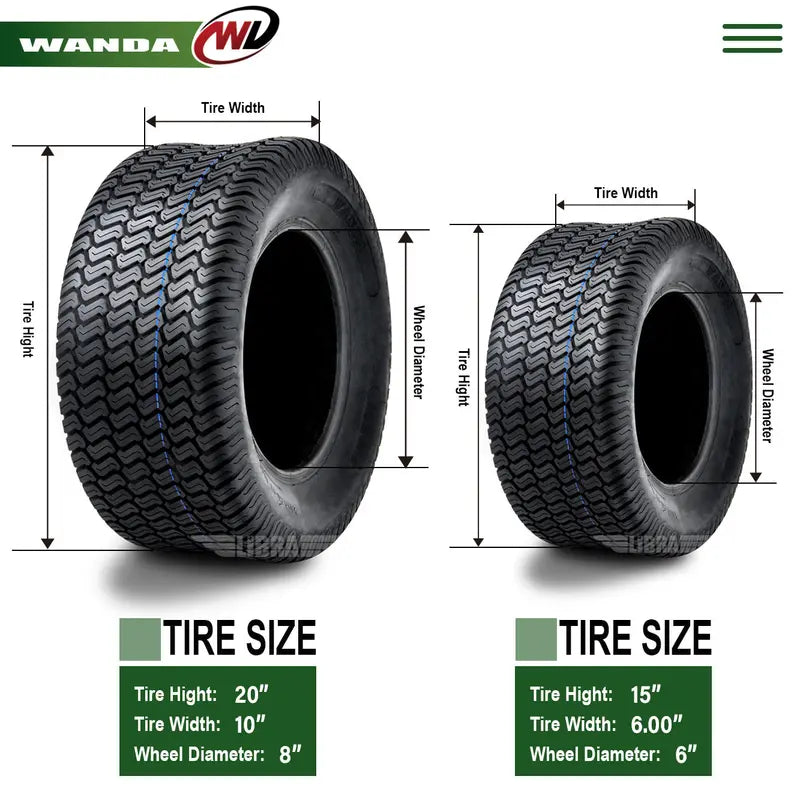 WANDA Lawn Mower Turf Tire Set of 4, 15x6-6 Front and 20x10-8 Rear, 4PR - P332