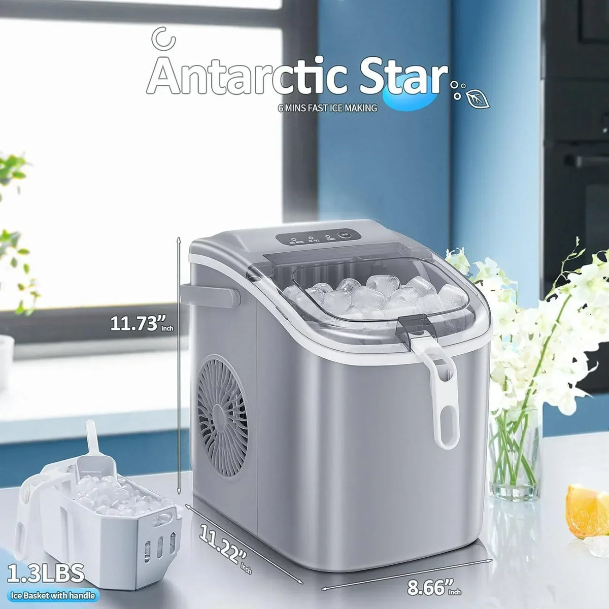 Countertop Nugget Ice Maker, 1.1 Liters, 34 lbs/24H, 8.66 x 11.30 x 12.68 inches, Black