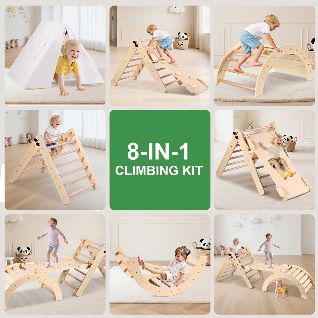 Lookfly 8-in-1 Foldable Pikler Triangle Climbing Set With Ramp - Natural-Color Or Multicolor