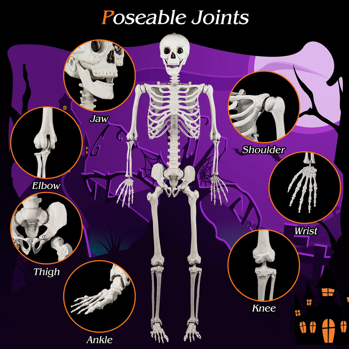 Costway 5.4 FT Halloween Skeleton Decoration Life Size Large Skeleton with Posable Joints 64.5 Inches Ivory White