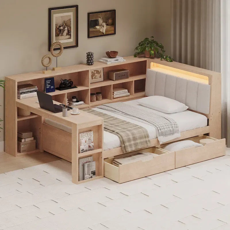 Ivery Furniture L-Shaped Wooden Twin/Full Daybed With Desk, Bookcase, Drawers And RGB Light - Natural/White