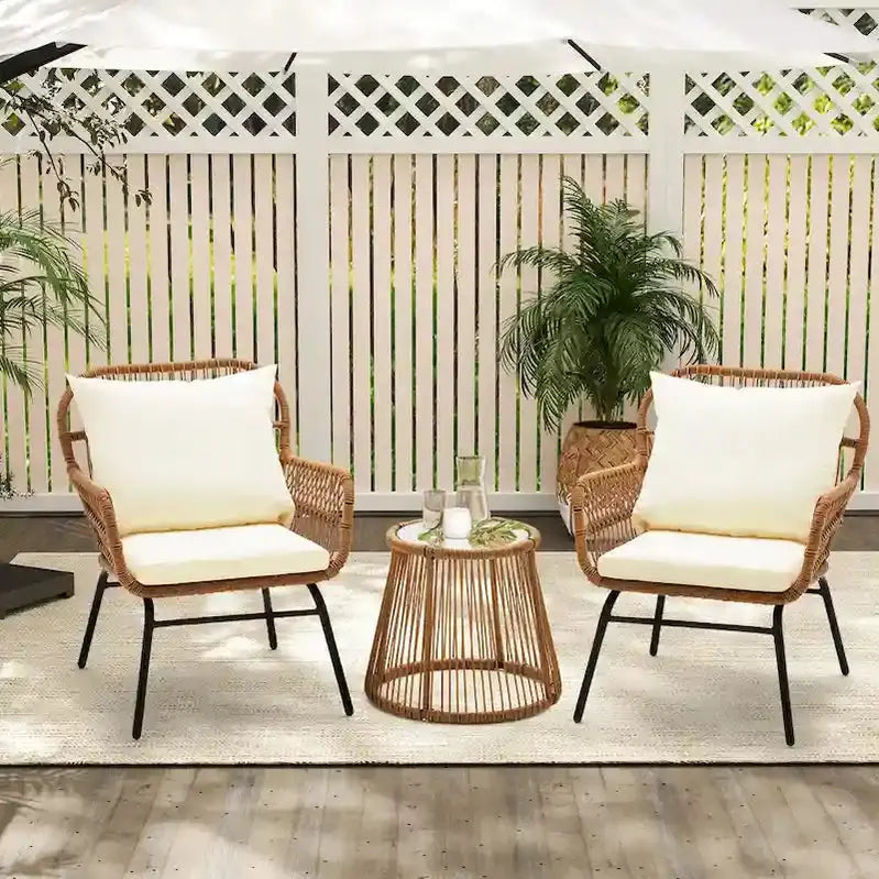 3-Piece Outdoor Rattan Bistro Set With Glass-Top Table, Wide-Arm Chairs And Seat Cushions