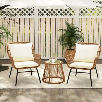 3-Piece Outdoor Rattan Bistro Set With Glass-Top Table, Wide-Arm Chairs And Seat Cushions