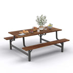 Acacia Wood Picnic Table Bench Set, 71in With 2in Umbrella Hole And Metal Frame