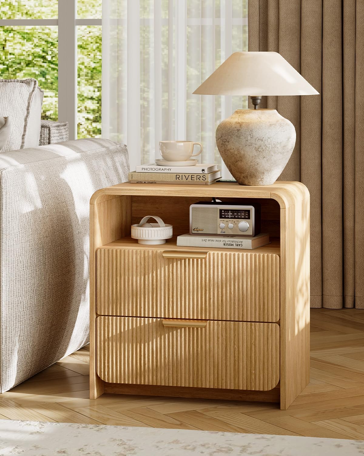 Fluted Nightstand Set Of 2 With Charging Station, 24 Inch, Natural Oak