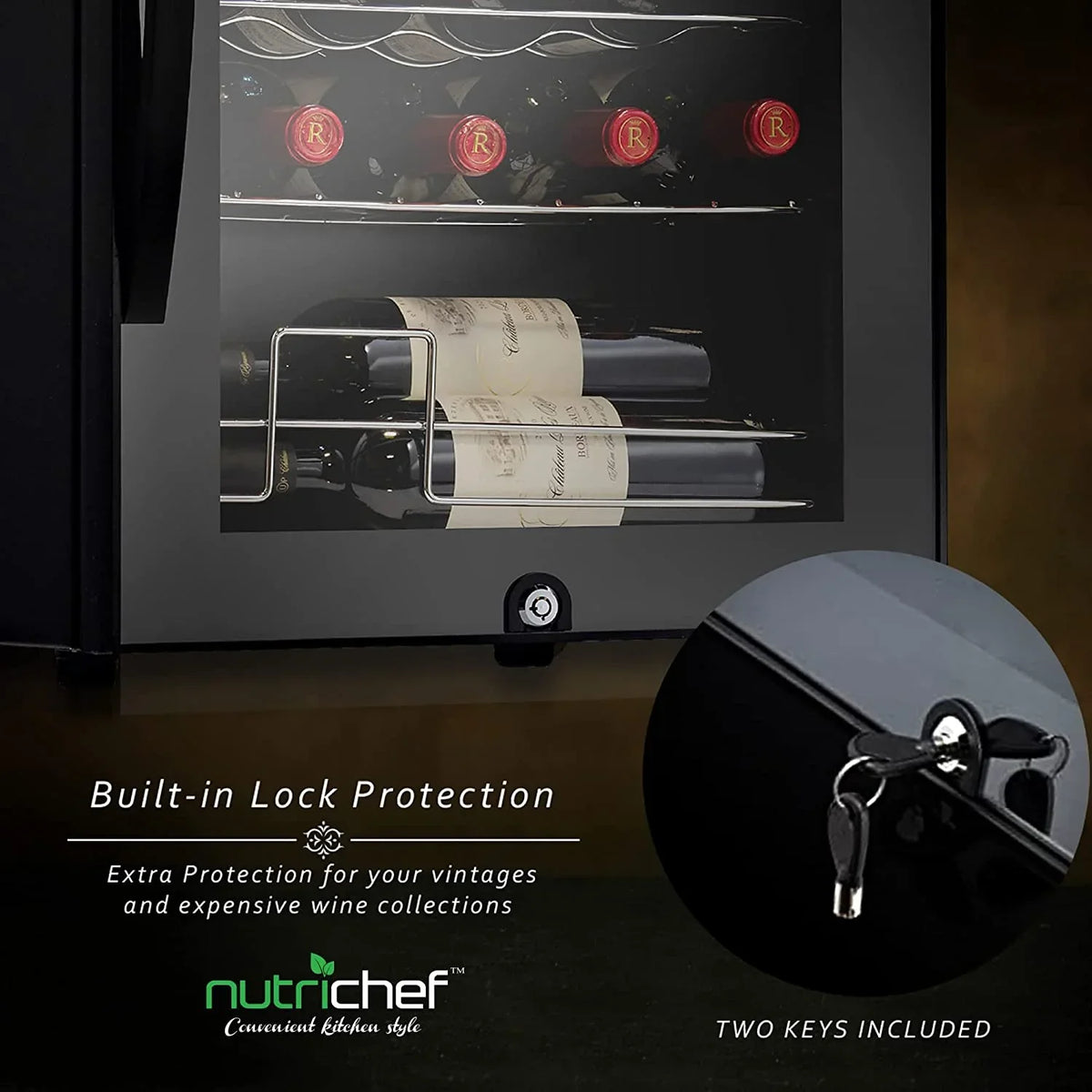 NutriChef Compressor Wine Cooler Refrigerator, 28 Bottle, Black Glass Door