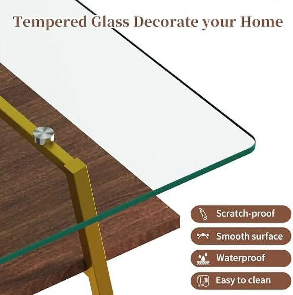 MQLIFEBOOM 2 Tier Rectangle Coffee Table With Tempered Glass Top And Wood Center Table