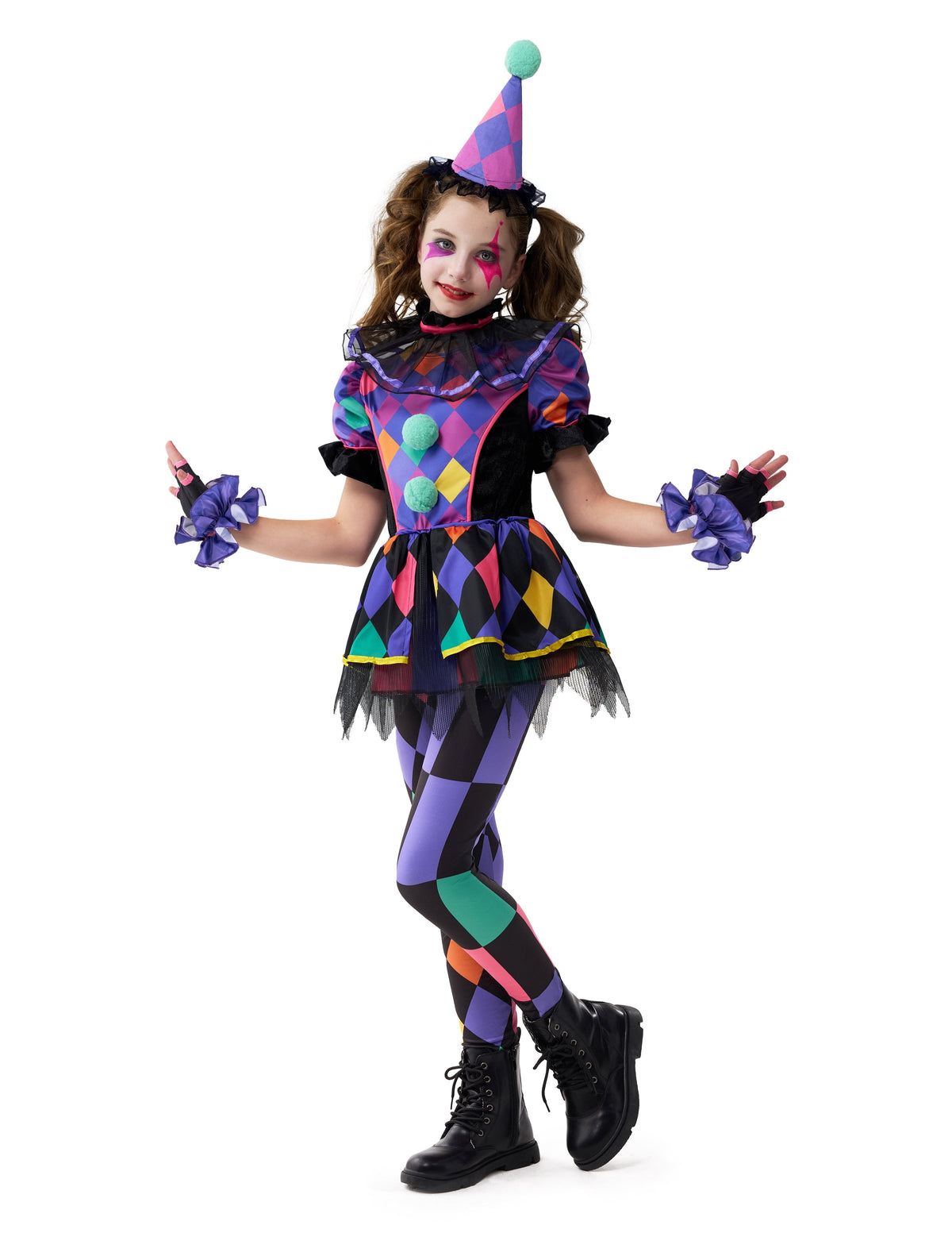 Joyfy Girls Clown Costume, Halloween Scary Clown Costume, Dark Colorful Twisted Clown Jester Dress for Girls Halloween Dress Up, Role Play, Cosplay Party