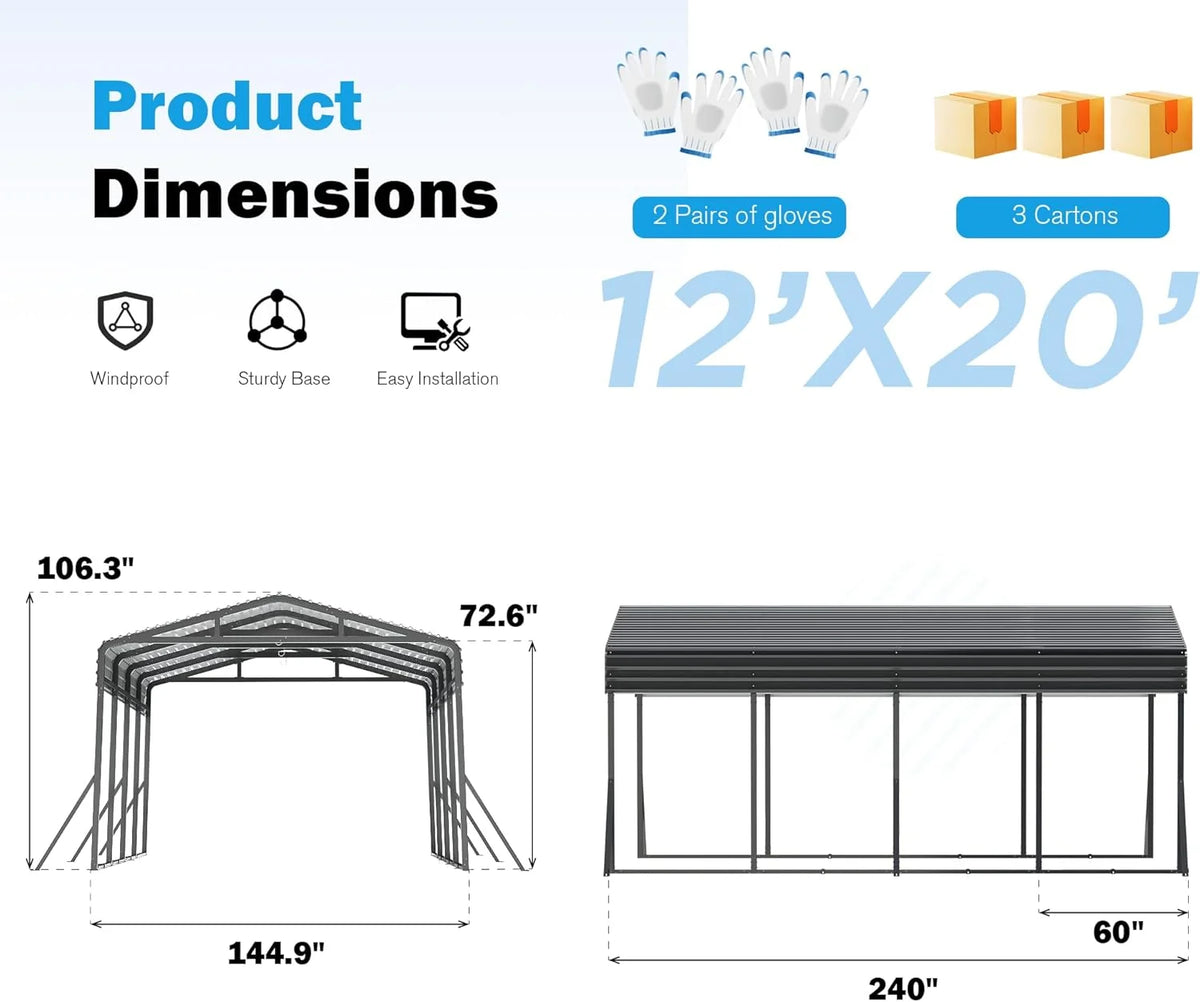 MUCHANT Heavy-Duty Carport, 12' x 20', Galvanized Steel Roof