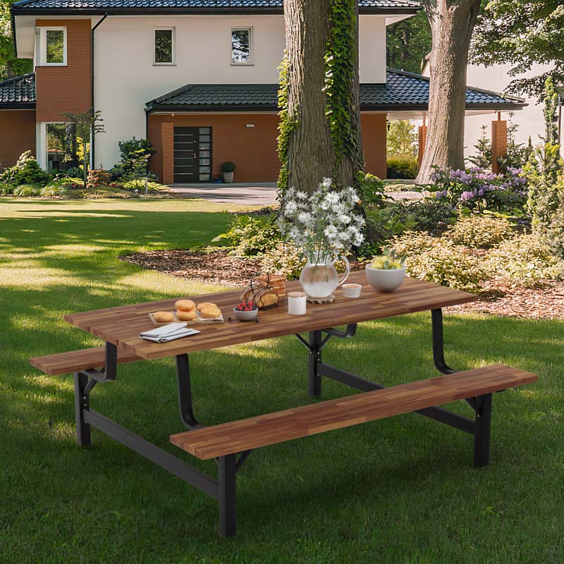 Acacia Wood Picnic Table Bench Set, 71in With 2in Umbrella Hole And Metal Frame