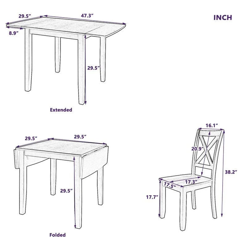 3-Piece Wood Drop Leaf Dining Table Set With 2 X-Back Chairs - 47.3x29.5x29.5inch