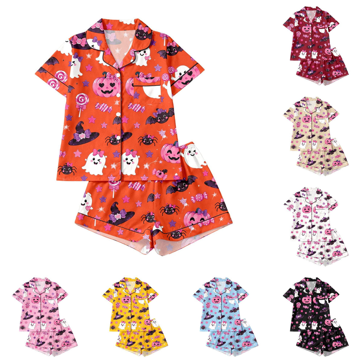 CUZIBR Girls Halloween Pajamas Sets Soft Comfortable Ghost Pumpkin Lapel Button Short Sleeve Shirt Elastic Waist Shorts 2 Pieces Sleep Loungewear Relaxed Sleepwear Outfits, Orange-C