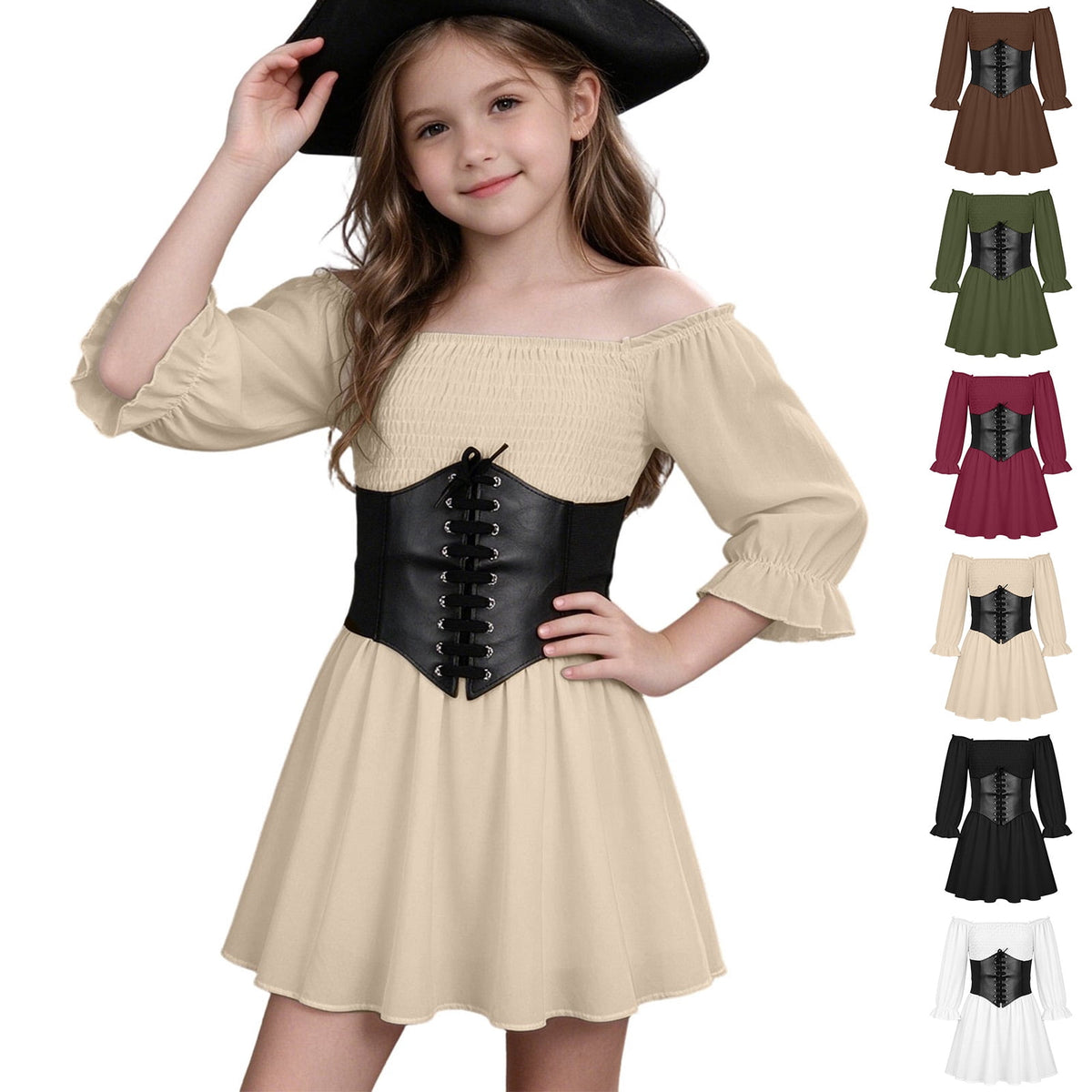 Kids Off the Shoulder Pirate Dresses with Sash Two Piece Set Pirate Costume Halloween Cosplay Halloween Costume Kids Size 4-14 Years