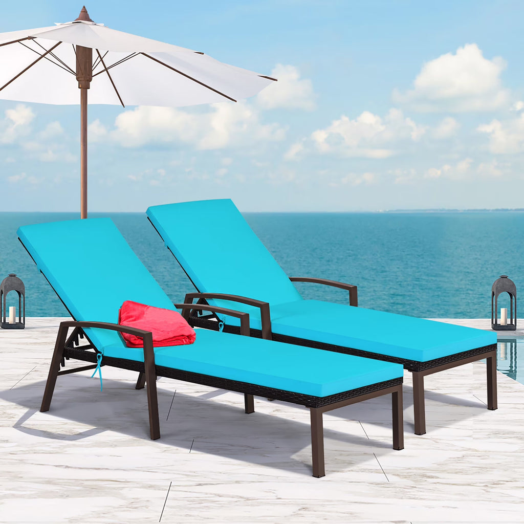 Costway 2 PCS Patio Rattan Chaise Lounge Chairs With Adjustable Backrest And Cushions - Red