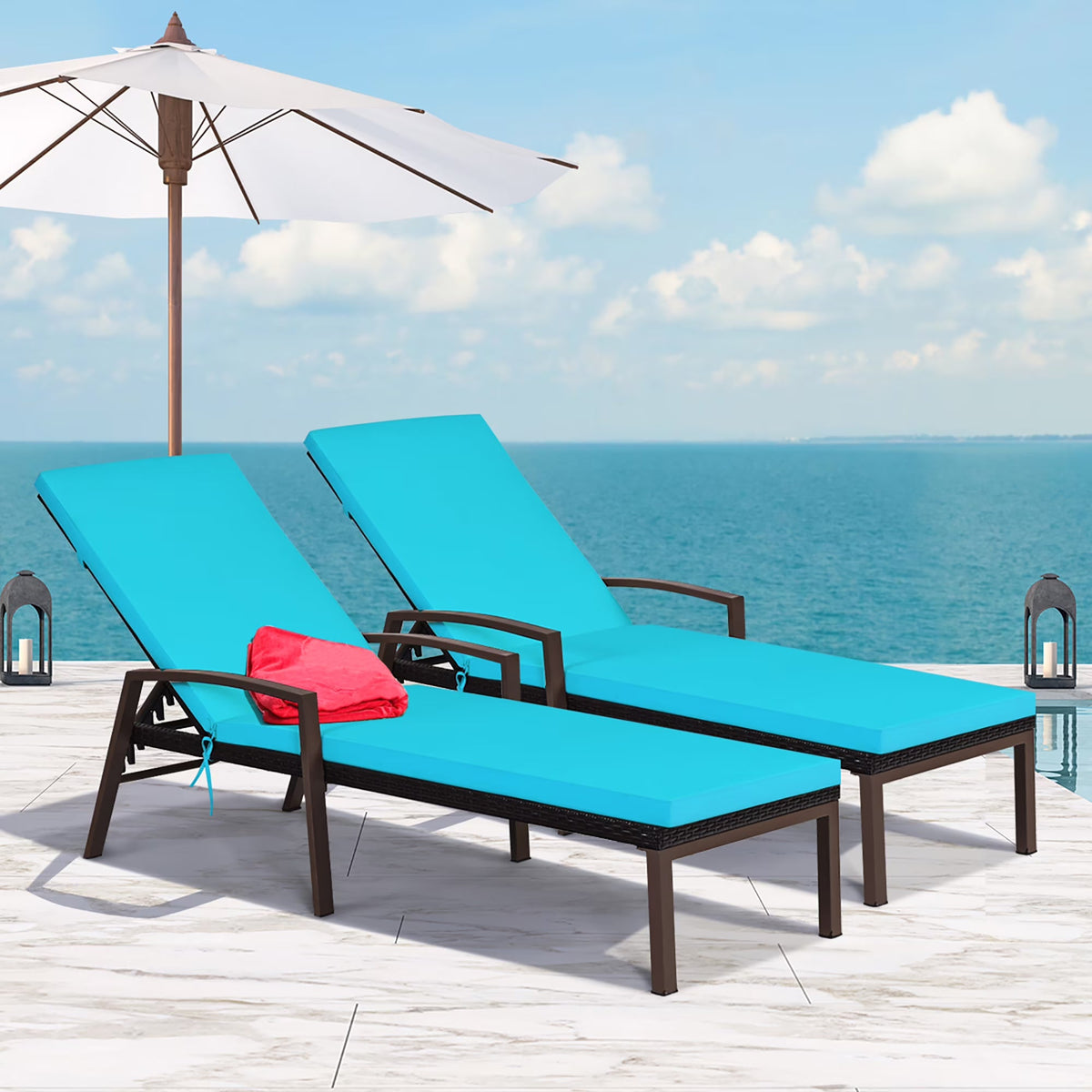 Costway 2 PCS Patio Rattan Chaise Lounge Chairs With Adjustable Backrest And Cushions - Red