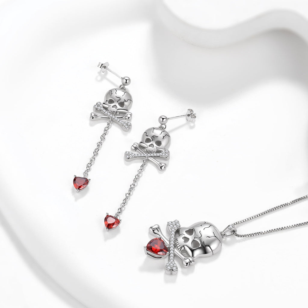 Beautlace 925 Sterling Silver Skull Jewelry Set, Halloween Skeleton Skull Pendant Necklace/Drop Dangle Earrings Gothic Vintage Skull Jewelry Set for Women