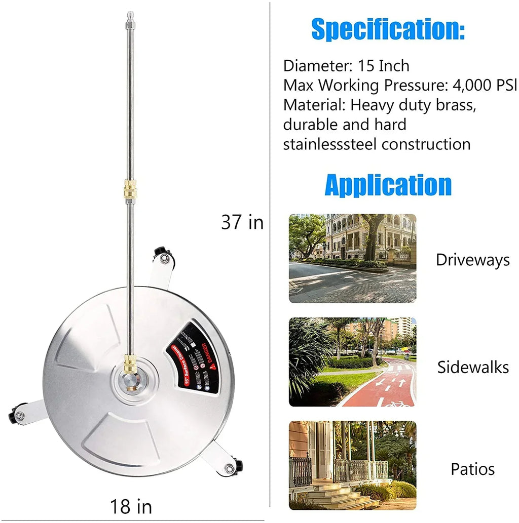 Twinkle Star 15 Inch Stainless Steel Pressure Washer Surface Cleaner With 2 Extension Wands And 2 Replacement Nozzles