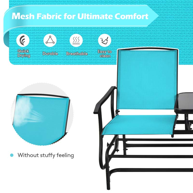 2-Person Outdoor Bench Glider Chair With Center Table, Mesh Fabric, 57 x 28 x 38 in
