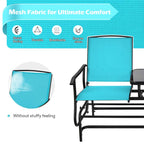 2-Person Outdoor Bench Glider Chair With Center Table, Mesh Fabric, 57 x 28 x 38 in
