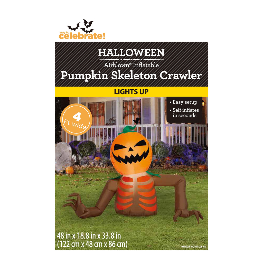 Pumpkin Skeleton Crawler Airblown Yard Inflatable, Multicolor, 4', Halloween by Way To Celebrate