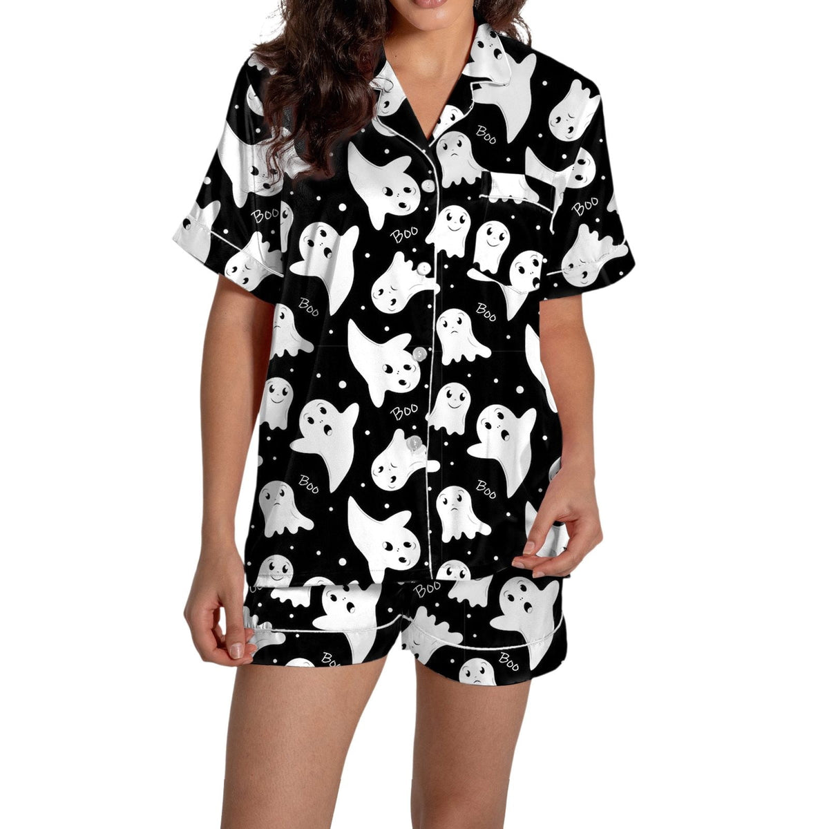 ChenYiFH Halloween Pajama Sets For Women 2 Piece Pumpkin Print Shirts And Pajamas Shorts Button Down Short Sleeve Sleepwear Black S