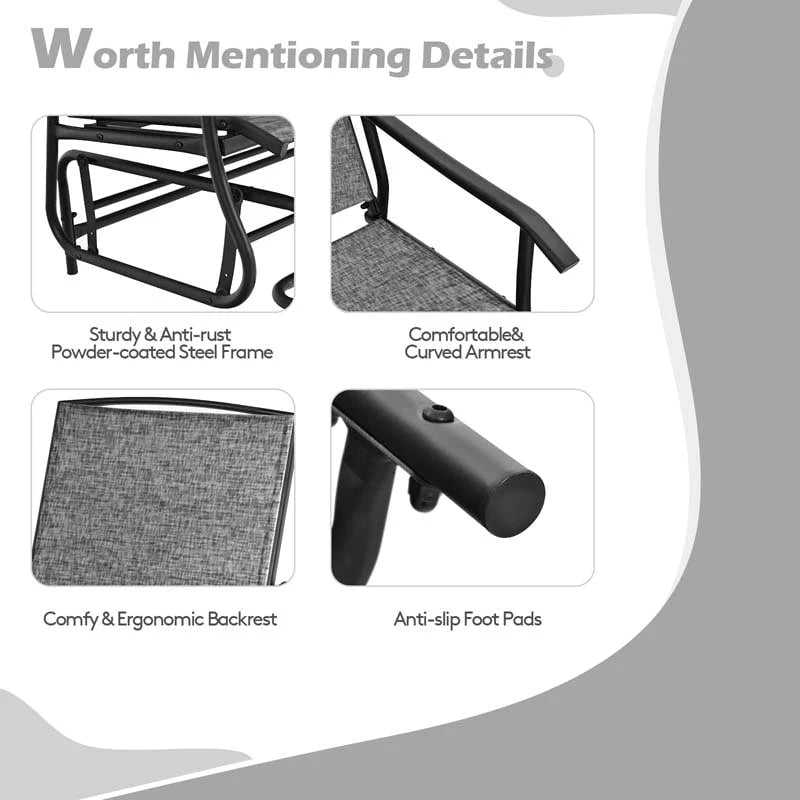 2-Person Outdoor Bench Glider Chair With Center Table, Mesh Fabric, 57 x 28 x 38 in